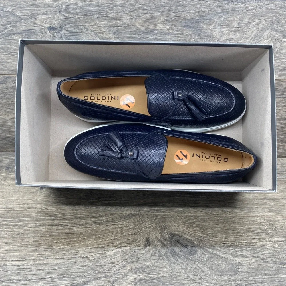 Soldini Woven Leather Tassel Loafers Mens 42 Navy Blue Made in Italy 22306-2-VF1
